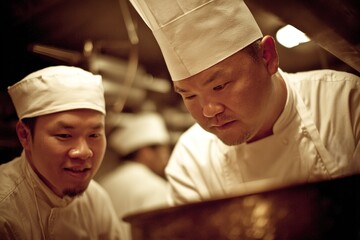 Chefs preparing a delicious meal in a busy restaurant kitchen during dinner service