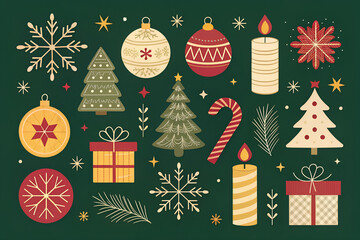 Festive christmas ornaments decorations and gifts collection with snowflakes and candles