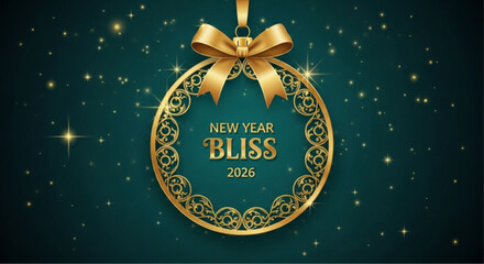 A golden ornament with the inscription New Year Bliss 2026 hangs gracefully, set against a twinkling emerald backdrop of stars, conjuring feelings of hope. vector illustration
