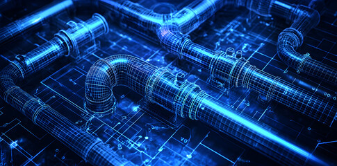 Industrial engineering illustration of a city sewer design plan, detailed drainage system blueprint showing pipeline routes and cross-section views.