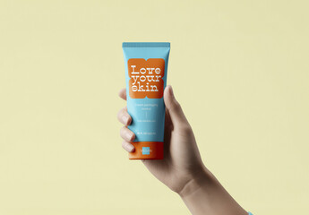 Hand Holding Cosmetic Tube Mockup