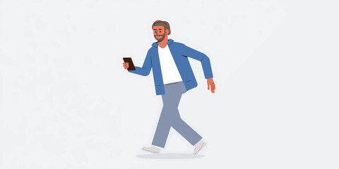 Obraz premium Man Walking While Looking at His Cell Phone