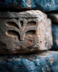 Intricate Close Up of Ancient Carved Stone Blocks With Detailed Floral Motif and Textured Surfaces Illuminated by Soft Light