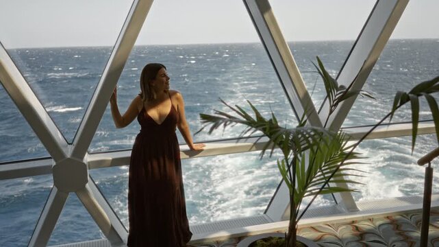 Woman leaning on ship rail, hands on railing and gazing out at ocean through triangular building windows on a luxury cruise deck; serenity.