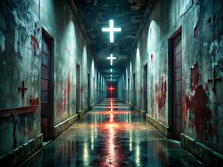 Fototapeta premium Creepy hallway in an abandoned asylum with crosses and blood stains for a horror movie scene