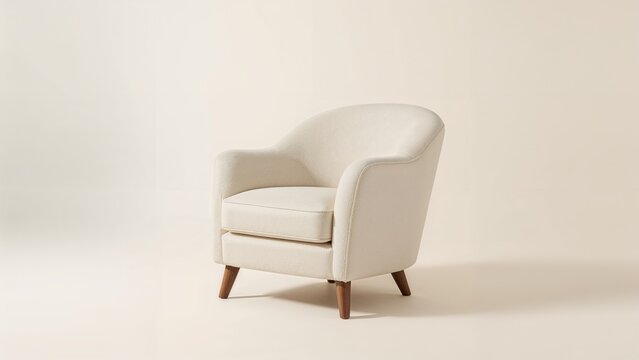 A modern white armchair with wooden legs on a plain light background.