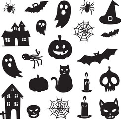 Halloween Silhouette Vector Set – Pumpkins, Ghosts, Bats, and Spooky Icons