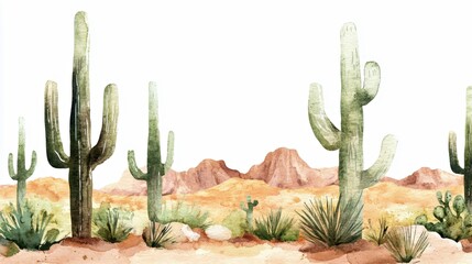 Watercolor illustration of a desert landscape featuring tall cacti, rocky mountains in the background, and various desert plants, creating a vibrant natural scene with copy space