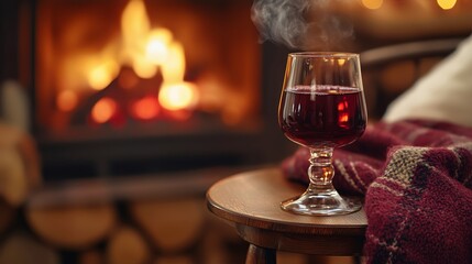 Glass of warm red beverage sits on wooden table beside cozy fireplace, with soft blanket draped nearby, creating a warm and inviting atmosphere for relaxation