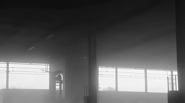 morning light through dusty windows, empty platform with cinematic shadows and pillars, an abandoned industrial platform shrouded in mist with dramatic sunlight and structural features