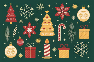 Festive christmas elements collection festive decorations including ornaments trees gifts and snowflakes