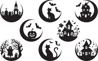Obraz premium Halloween house moon silhoutee, Halloween Moon SVG Bundle, Halloween Moon Elements In Silhouette