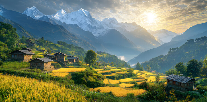 Scenic landscape of Lamjung, Nepal, featuring a traditional mountain village nestled below the majestic Himalayan peaks with vibrant fields and clear morning light.