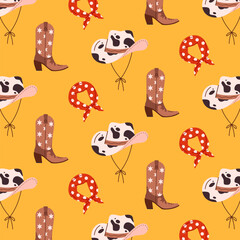 Vector seamless western style pattern. Wild west pattern. Cowboy boots, bandana and hat