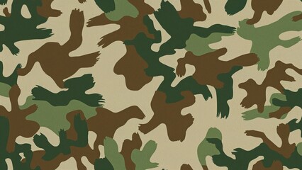 Fototapeta premium Camouflage pattern with various shades of green, brown, and beige in a military-style design.