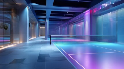 Fototapeta premium Modern indoor tennis court with vibrant lighting and sleek design in a contemporary setting