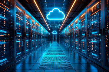 Long exposure conceptual illustration of cloud migration, depicting data streams transferring from physical servers to a cloud network, symbolizing digital transformation and scalability.