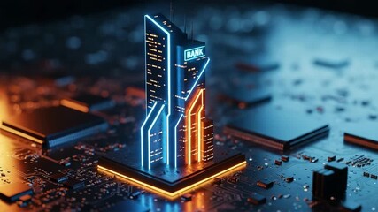 Futuristic neon bank skyscraper digital circuit board technology finance concept glowing building - Powered by Adobe
