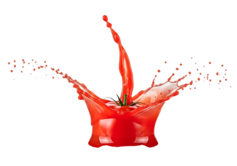 Fresh red tomato splashing into a burst of juice or sauce liquid. isolated,