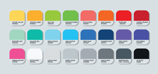 Sports and Fitness Color Palette – Sports catalog sample Themed Color Swatch Guide with HEX Codes. Inspiring Shades for Fitness Adventures. Professional Sports and Fitness Palette Colors Branding arts
