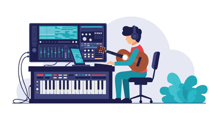 A musician composes and records music in a modern home studio, playing a guitar connected to a mixing board and keyboard, creating digital audio.
