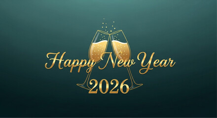 A celebratory graphic conveys a message of Happy New Year 2026, two champagne glasses clink, sparkling with joy and hope. vector illustration