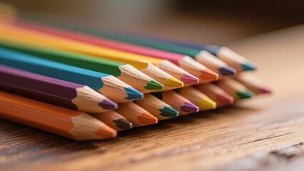 Fototapeta premium Macro shot of colored pencils arranged in a row, illustrating creativity and artistic expression for educational resources and promotions