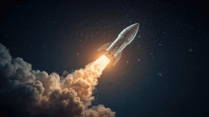 Obraz premium Rocket launching into space with a trail of smoke and fire against a starry night sky.