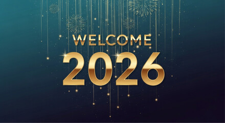 A festive and celebratory graphic welcomes the year 2026, combining elegant typography with a dark, sophisticated backdrop, adorned with glittering elements. vector illustration