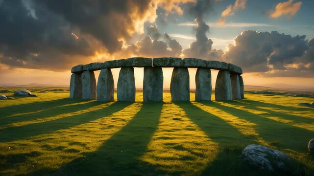 Stonehenge Ancient Monument at Golden Sunrise with Dramatic Clouds and Long Shadows on Green Field