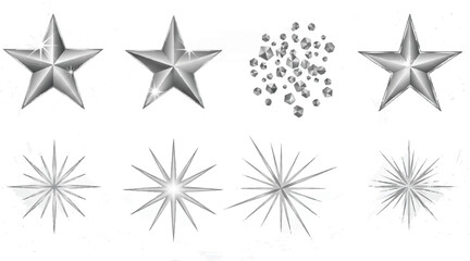 Silver metallic stars and sparkle burst collection in retro pop art halftone style