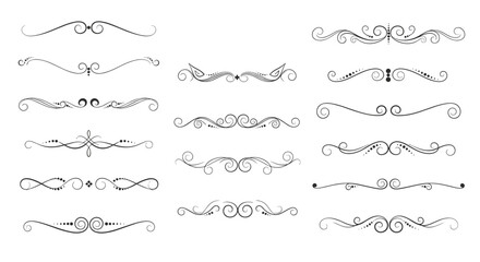 Obraz premium A collection of elegant vintage dividers, ornate flourish lines, and decorative design elements perfect for embellishing text and pages, in a vector style.