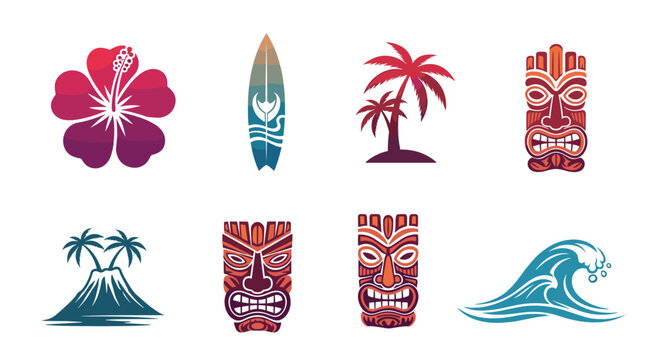 A collection of colorful flat design vector icons showcasing various Hawaiian and tropical symbols like hibiscus, surfboards, palm trees, tiki masks, volcanoes, and ocean waves.