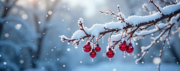 A snow-laden bough hangs heavy with winter's touch, delicate ice crystals clinging to its branches  Frozen beauty, perfect for winter holiday or seasonal themes ,  stillness,  fragile