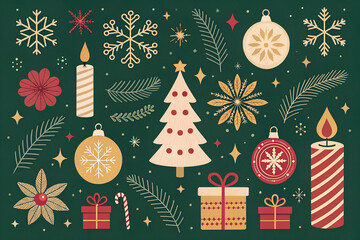 Festive christmas elements collection snowflake ornaments gifts candles pine branches sparkling starbursts