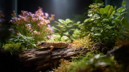 Obraz premium Gecko exploring a lush terrarium filled with vibrant plants and flowers