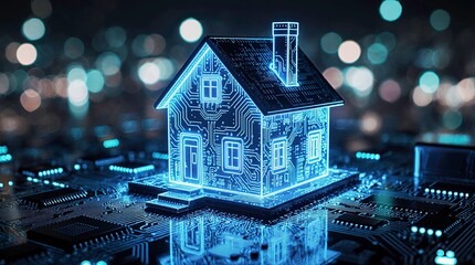 Miniature house a top a circuit board, glowing with digital illumination, representing smart home technology and interconnected devices, AI