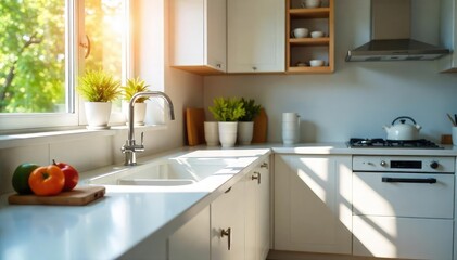 A sparkling clean kitchen, countertops wiped, sink gleaming, appliances polished, ready for use Sunlight streams through window, highlighting spotless surfaces , kitchen, cleaning supplies