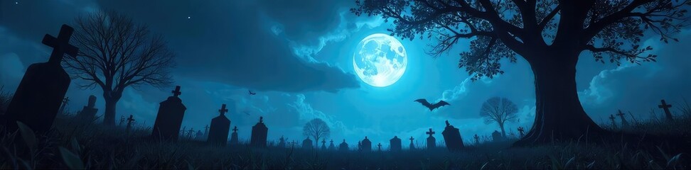 Fototapeta premium A spooky, atmospheric shot of a moonlit graveyard at midnight on Halloween Silhouetted trees and tombstones create a chilling scene perfect for Halloween themes , magic, witchcraft