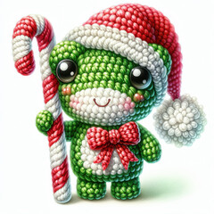 Cute green crochet-style frog in a Santa hat holding a candy cane, with shiny beaded texture. Ideal for Christmas cards, toy ads, or festive children's content.