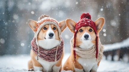 cute corgis wearing hats and scarves