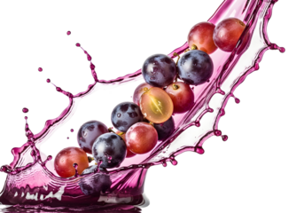 Fresh red and purple grapes splashing into a burst of vibrant juice. isolated,