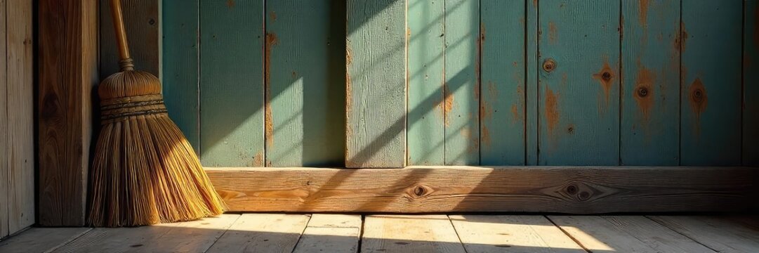 A sturdy broom leans against a rustic wooden wall, ready for sweeping Dust motes dance in the sunlit corner, highlighting the texture of the broom bristles and the aged wood , tool, wall