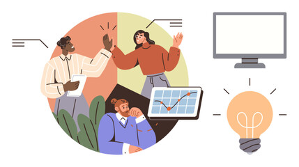 Team members discuss ideas, review data on a graph, high-five in celebration. Nearby are a lightbulb and blank monitor. Ideal for teamwork, innovation, data analysis, creativity, collaboration