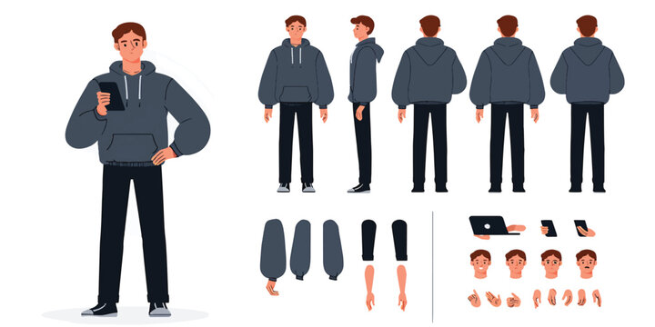 Casual young man character creation kit with views, emotions, and poses vector