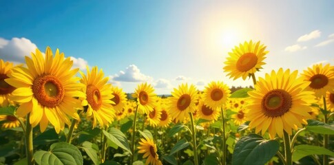 Fototapeta premium A vibrant field of sunflowers basking in golden sunlight, embodying joy and carefree bliss Perfect for illustrating concepts of happiness, optimism, and summer cheer , summer, bliss, optimism