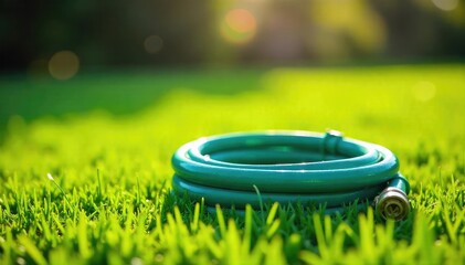 Sun-Drenched Garden Hose Unwinding Across Lush Green Grass, Ready for Watering - Perfect Summer Image