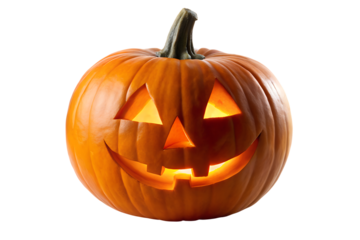 A carved halloween jack o lantern with a glowing orange light inside a spooky face with triangular eyes and a smiling mouth isolated on transparent background