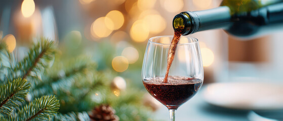 Red wine is poured into glass during cozy Christmas family dinner with festive lights and pine branches creating warm and joyful holiday atmosphere