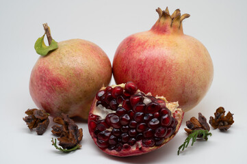 The pomegranate is the fruit of the pomegranate tree (Punica granatum), a spherical, deep red berry with a thick skin that encloses numerous juicy seeds (arils).